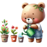 AI generated a cute teddy bear watering plants with watering can and flowers png