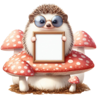 AI generated cute hedge with glasses holding a frame on a mushroom png