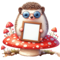 AI generated cute hedge with glasses holding a frame on a mushroom png