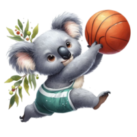 ai généré une dessin animé koala ours en jouant basketball png