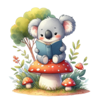 AI generated koala bear reading a book png