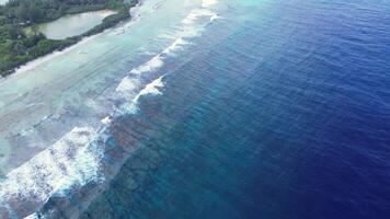 Drone view of the waves of the Indian Ocean on the coral reefs of the Maldivian beaches. video