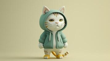 AI generated a cute little cat donning a hoodie, captured in a standing posture against a solid light background, showcasing super-detailed craftsmanship from a main view. photo