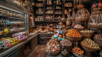 ai generado un artesanal chocolate tienda adornado con vibrante muestra de intrincadamente hecho a mano chocolate esculturas y delicioso golosinas, atractivo visitantes a complacer en el dulzura de el estación. foto