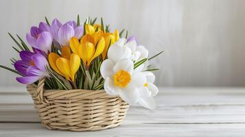 AI generated crocus flowers arranged in a straw basket against a pristine white wooden backdrop, offering options in white, yellow, or purple hues, creating a charming of nature's bounty. photo