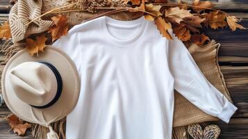 AI generated a white t-shirt mockup with a blank shirt template photo, featuring stylish fall accessories against a rustic burlap background for a trendy and seasonal aesthetic. photo