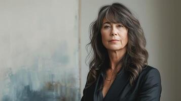 AI generated a mature female lawyer in joyful professional portraits, presented in a realistic style against a light background, conveying a sense of competence and approachability in legal practice. photo