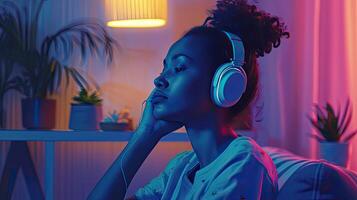 AI generated a young, beautiful woman wearing headphones, lost in the melody of her favorite music, amidst the contemporary ambiance of her modern living room at home. photo