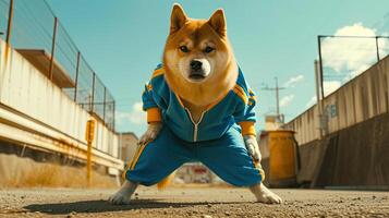 ai generado un carismático grasa shiba inu huelgas un actitud en un pulcro azul chandal, acentuado por negrita amarillo rayado a lo largo el lados, creando un cinematográfico fotografía ese irradia actitud. foto