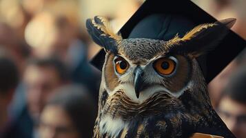 ai generado un majestuoso búho adornado en un graduación vestido y birrete, exudando erudito elegancia y equilibrio como eso participa en un solemne Universidad ceremonia. foto