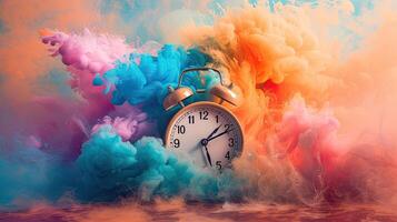 AI generated a clock rings loudly, its vibrant colors blending with bright colored smoke, creating a visually striking scene of alertness and heightened awareness. photo