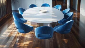 AI generated a Blackwalnut floor meeting a white island table, accented by sleek blue chairs, with light brown and gray ceramics alongside varying wood textures. photo