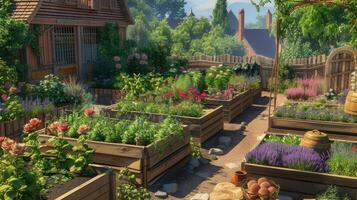 AI generated a garden adorned with raised beds, where lush greenery thrives alongside colorful blooms of a rose garden and the soothing aroma of lavender, creating a picturesque oasis of beauty. photo