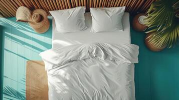 AI generated blank white duvet cover in a coastal-style bedroom setting, captured from a top view perspective, bright colors to evoke a sense of airy relaxation and seaside tranquility. photo