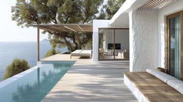 AI generated island home with a minimalist architectural style, a wood deck with an infinity pool, slatted wood pergola, the elegant simplicity and natural charm of the residence. photo