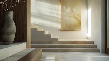 AI generated a Zen-style living space with stairs, an oil painting in a wooden frame, in light gray and amber tones, while a mural with a translucent overlay adds depth and tranquility to the space photo