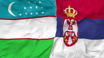 Uzbekistán y serbia banderas juntos sin costura bucle fondo, serpenteado bache textura paño ondulación lento movimiento, 3d representación video