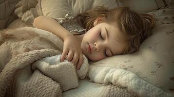 AI generated a little girl as she sleeps soundly in bed, nestled under a plush, soft, textured blanket that envelops her in warmth and comfort, creating a serene and cozy atmosphere. photo