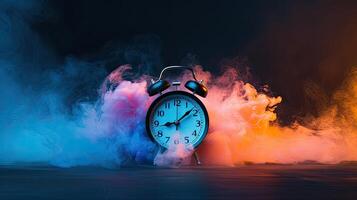 AI generated a clock rings loudly, its vibrant colors blending with bright colored smoke, creating a visually striking scene of alertness and heightened awareness. photo