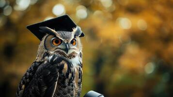 ai generado un majestuoso búho adornado en un graduación vestido y birrete, exudando erudito elegancia y equilibrio como eso participa en un solemne Universidad ceremonia. foto