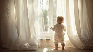 ai generado un 1 año bebé en pie en el vivo habitación, vestido en un prístino blanco mono, bañado en el suave resplandor de luz de sol filtración mediante escarpado blanco cortinas foto