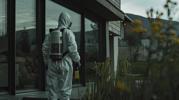 AI generated the technician holding a sprayer and emphasizing the application of the product at the base of the building to ensure thorough protection against pests. photo