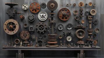 AI generated drum brakes, gears, and assorted metal components artfully displayed on a pedestal, against a grey, oxidized background, evoking an industrial ambiance that celebrates precision photo