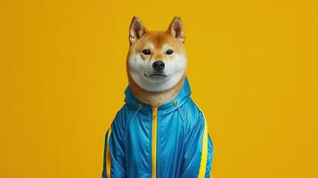 AI generated a charismatic fat Shiba Inu strikes a pose in a sleek blue tracksuit, accentuated by bold yellow striping along the sides, creating a cinematic photograph that radiates attitude. photo