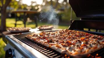 ai generado un pulcro webber parrilla chisporrotea con el aroma de Pizza siendo expertamente cocido en un pintoresco parque configuración, evocando el ambiente de al aire libre culinario deleite y camaradería. foto