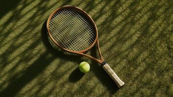 AI generated a wooden tennis racket and ball placed on a grass tennis court, executed in a minimalist style, capturing the essence of the sport with simplicity and elegance. photo