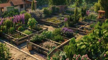 AI generated a garden adorned with raised beds, where lush greenery thrives alongside colorful blooms of a rose garden and the soothing aroma of lavender, creating a picturesque oasis of beauty. photo