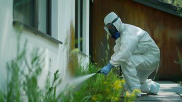 AI generated the technician holding a sprayer and emphasizing the application of the product at the base of the building to ensure thorough protection against pests. photo