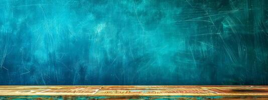 AI Generated wide, textured teal chalkboard with scratches and marks of use, with a worn wooden ledge at the bottom, suitable for educational or coaching themes photo