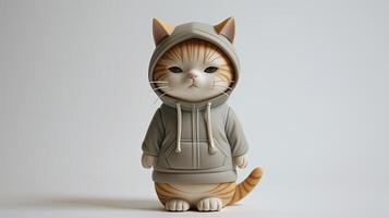 AI generated a cute little cat donning a hoodie, captured in a standing posture against a solid light background, showcasing super-detailed craftsmanship from a main view. photo