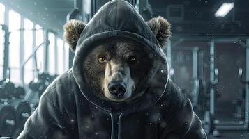 AI generated a bear with fur and brown eyes dons a black hoodie and grey shorts, showcasing strength and determination while lifting heavy weights in the gym, enveloped in an atmosphere of motivation. photo