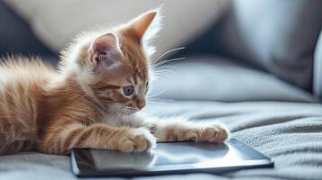 AI generated a small adorable kitten gazing curiously at a tablet with its tiny paws, evoking a heartwarming scene of domestic comfort and modern technology. photo