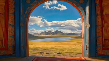 AI generated Mongolian landscapes through a frame within a frame composition, where the silhouette of a yurt gate frames a distant view of grasslands, a lake, and majestic mountains. photo