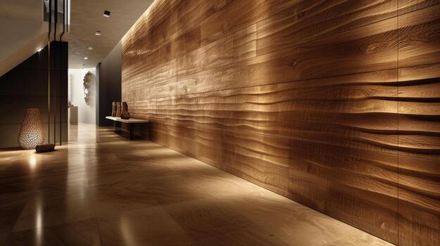 AI generated a carpentry wall surface structure design, enhanced by a glossy finish that accentuates the natural beauty and texture of the wood, creating a stunning visual focal point in any interior photo