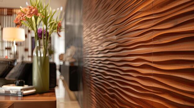 AI generated a carpentry wall surface structure design, enhanced by a glossy finish that accentuates the natural beauty and texture of the wood, creating a stunning visual focal point in any interior photo