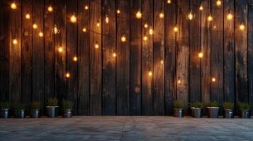 AI generated a wood wall adorned with warm bulb lights, creating a cozy and inviting atmosphere in a living space or cafe setting. photo