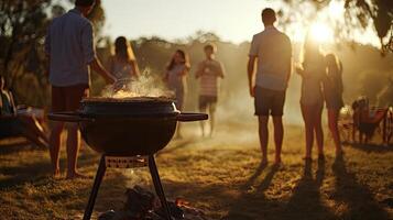 AI generated a sleek Webber grill sizzles with the aroma of pizza being expertly cooked in a picturesque park setting, evoking the ambiance of outdoor culinary delight and camaraderie. photo