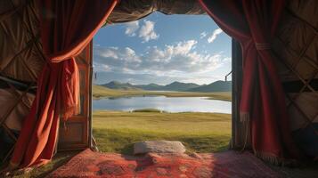 AI generated Mongolian landscapes through a frame within a frame composition, where the silhouette of a yurt gate frames a distant view of grasslands, a lake, and majestic mountains. photo