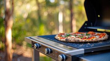 AI generated a sleek Webber grill sizzles with the aroma of pizza being expertly cooked in a picturesque park setting, evoking the ambiance of outdoor culinary delight and camaraderie. photo