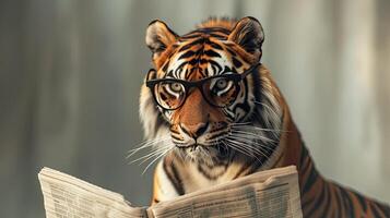 AI generated tiger wearing black glasses as it engages in the act of reading a newspaper against a serene, light-colored backdrop photo
