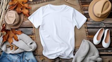 AI generated a white t-shirt mockup with a blank shirt template photo, featuring stylish fall accessories against a rustic burlap background for a trendy and seasonal aesthetic. photo