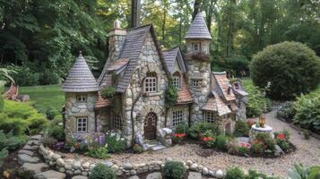 AI generated a small house cleverly designed to resemble a castle, nestled amidst rolling hills and surrounded by whimsical gardens, invoking a sense of fairy-tale charm. photo