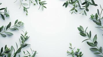 AI generated a blank greeting card mockup featuring olive tree branches delicately arranged on a white table background, perfect for wedding invitations. photo