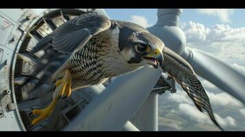 AI generated a majestic falcon soaring gracefully between the towering blades of a wind turbine, showcasing the intricate balance between wildlife and renewable energy. photo