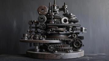 AI generated drum brakes, gears, and assorted metal components artfully displayed on a pedestal, against a grey, oxidized background, evoking an industrial ambiance that celebrates precision photo