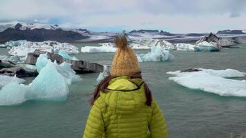 IJsland reizen toerist genieten van visie van natuur landschap jokulsarlon glaciaal lagune. meisje buitenshuis door toerist bestemming mijlpaal attractie. vatnajokull nationaal park, IJsland. 4k video